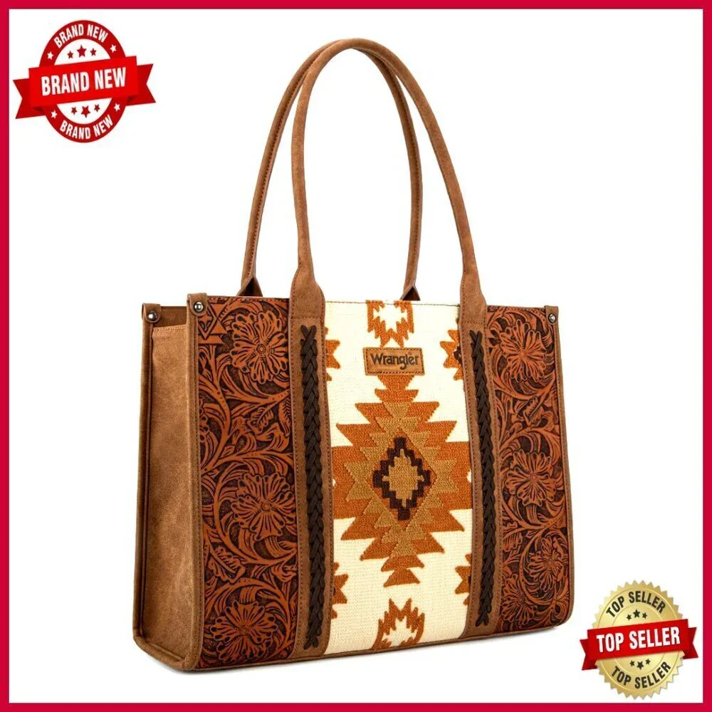 Large Genuine Leather Tote Bag with Aztec Tapestry and Western Flair